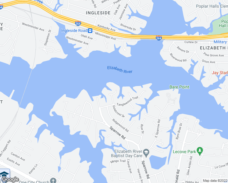 map of restaurants, bars, coffee shops, grocery stores, and more near 105 Van Luik Court in Chesapeake