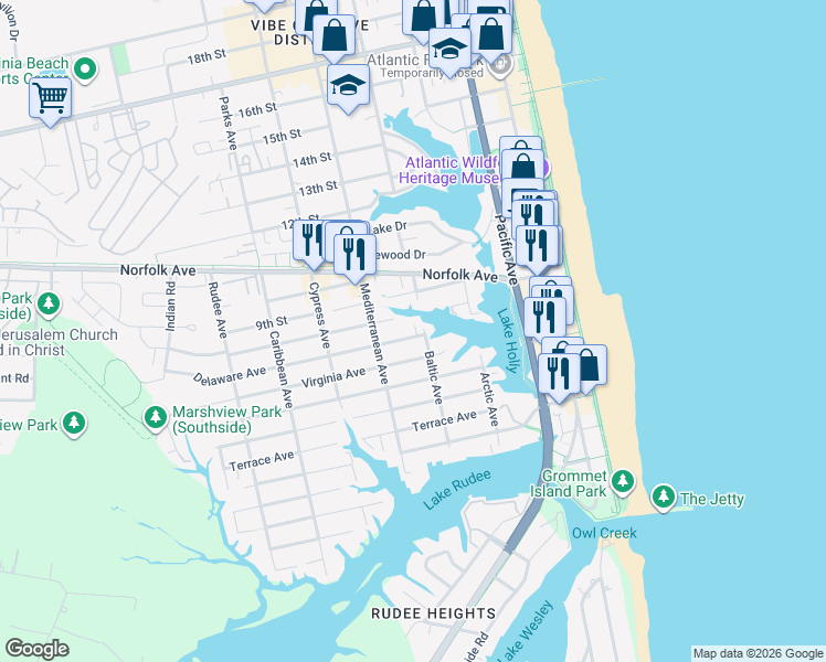 map of restaurants, bars, coffee shops, grocery stores, and more near 522 Delaware Avenue in Virginia Beach