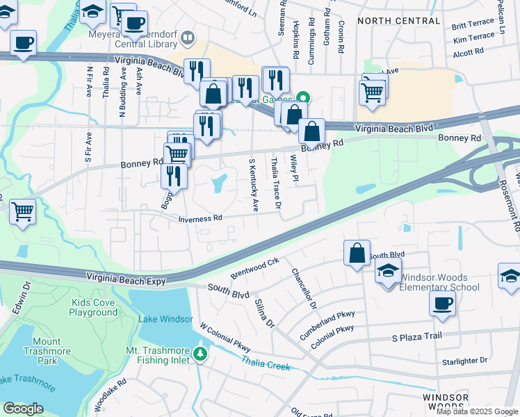 map of restaurants, bars, coffee shops, grocery stores, and more near 160 South Kentucky Avenue in Virginia Beach