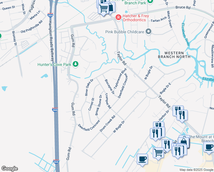 map of restaurants, bars, coffee shops, grocery stores, and more near 3137 Trumpet Road in Chesapeake