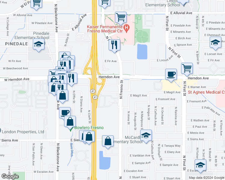 map of restaurants, bars, coffee shops, grocery stores, and more near 340 E Magill Ave in Fresno