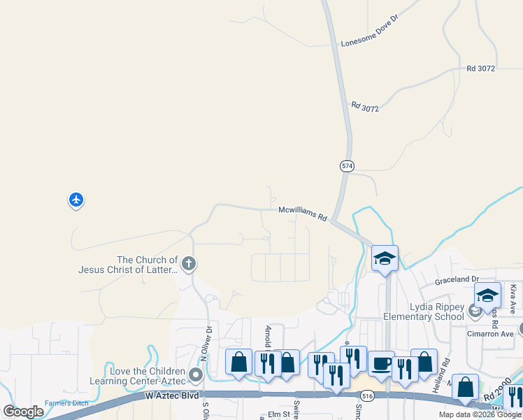 map of restaurants, bars, coffee shops, grocery stores, and more near Mcwilliams Road in Aztec
