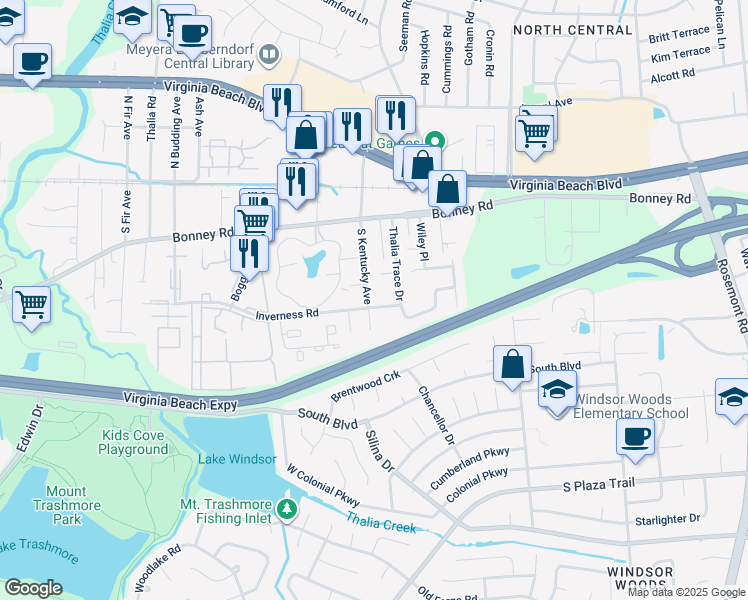 map of restaurants, bars, coffee shops, grocery stores, and more near 160 South Kentucky Avenue in Virginia Beach