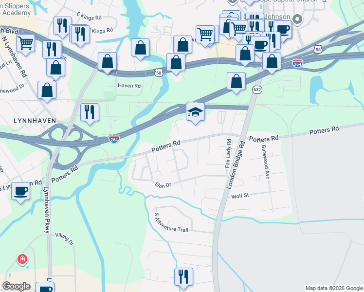 map of restaurants, bars, coffee shops, grocery stores, and more near 204 Cheltenham Drive in Virginia Beach