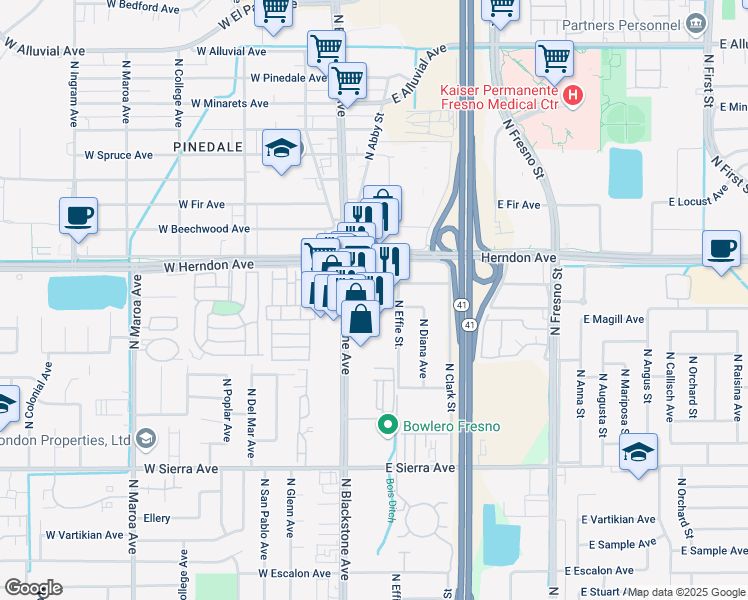 map of restaurants, bars, coffee shops, grocery stores, and more near 6652 North Blackstone Avenue in Fresno