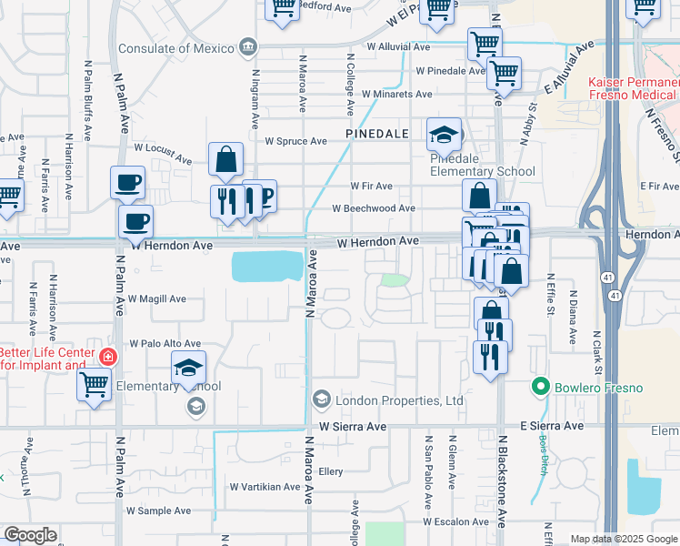 map of restaurants, bars, coffee shops, grocery stores, and more near 6650 North Maroa Avenue in Fresno