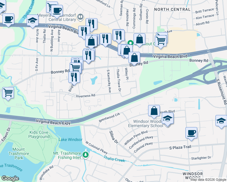 map of restaurants, bars, coffee shops, grocery stores, and more near 164 South Kentucky Avenue in Virginia Beach