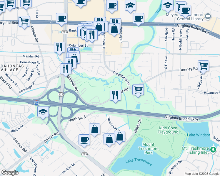 map of restaurants, bars, coffee shops, grocery stores, and more near 4436 Bonney Road in Virginia Beach