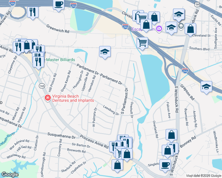 map of restaurants, bars, coffee shops, grocery stores, and more near 5361 Leicester Court in Virginia Beach