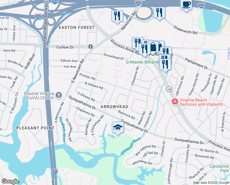 map of restaurants, bars, coffee shops, grocery stores, and more near 5724 Cheyenne Circle in Virginia Beach