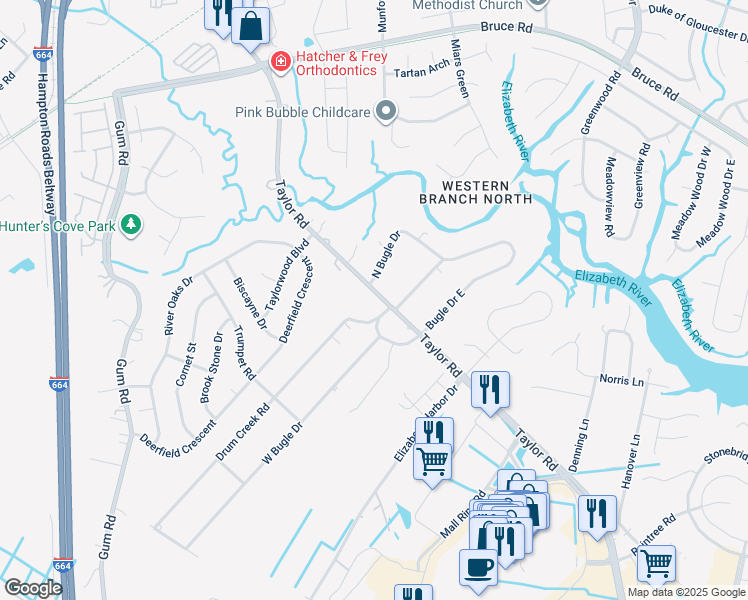 map of restaurants, bars, coffee shops, grocery stores, and more near 2924 Taylor Road in Chesapeake