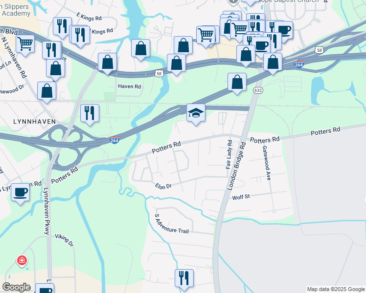 map of restaurants, bars, coffee shops, grocery stores, and more near 2472 Eastchester Drive in Virginia Beach