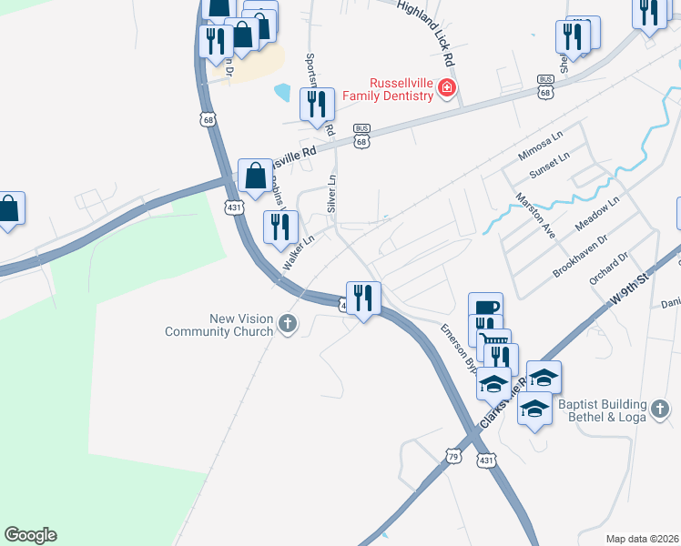 map of restaurants, bars, coffee shops, grocery stores, and more near 223 Emerson Bypass Road in Russellville