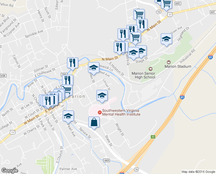 map of restaurants, bars, coffee shops, grocery stores, and more near 203 Locust Street in Marion