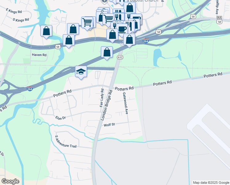map of restaurants, bars, coffee shops, grocery stores, and more near 2253 Potters Road in Virginia Beach