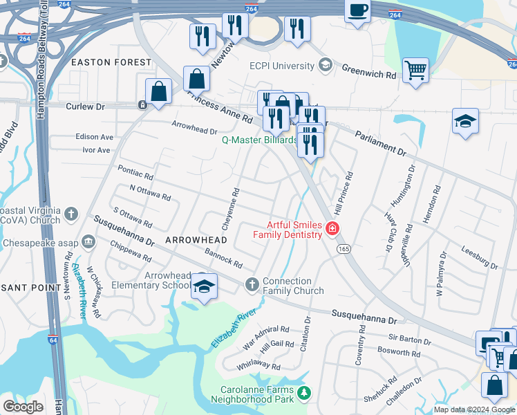map of restaurants, bars, coffee shops, grocery stores, and more near 5608 Pontiac Road in Virginia Beach