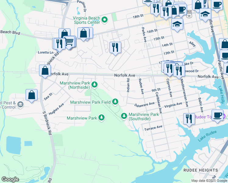 map of restaurants, bars, coffee shops, grocery stores, and more near 1063 Lands End Way in Virginia Beach