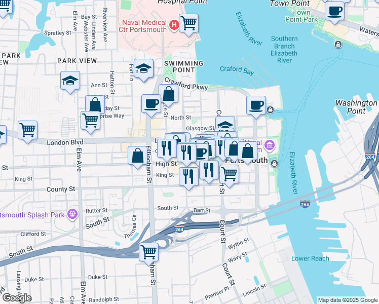 map of restaurants, bars, coffee shops, grocery stores, and more near 535 Queen Street in Portsmouth