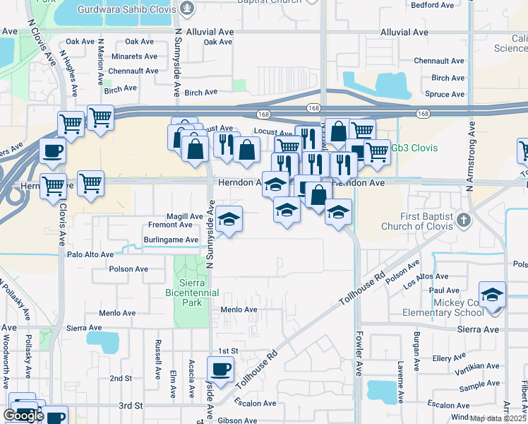 map of restaurants, bars, coffee shops, grocery stores, and more near 1550 Herndon Avenue in Clovis