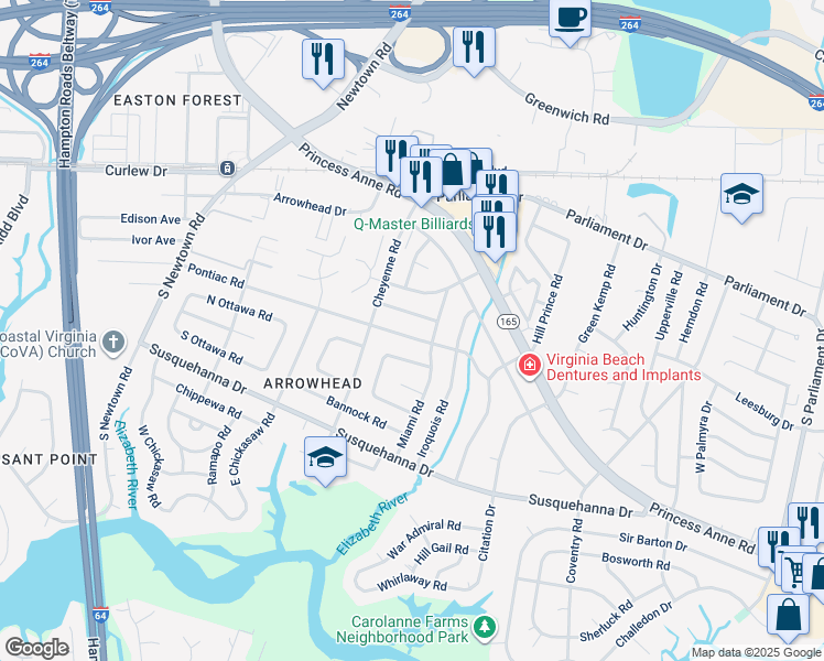 map of restaurants, bars, coffee shops, grocery stores, and more near 5608 Pontiac Road in Virginia Beach