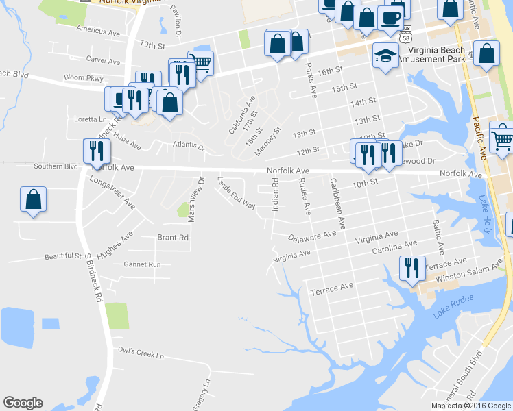 map of restaurants, bars, coffee shops, grocery stores, and more near 1038 Lands End Way in Virginia Beach