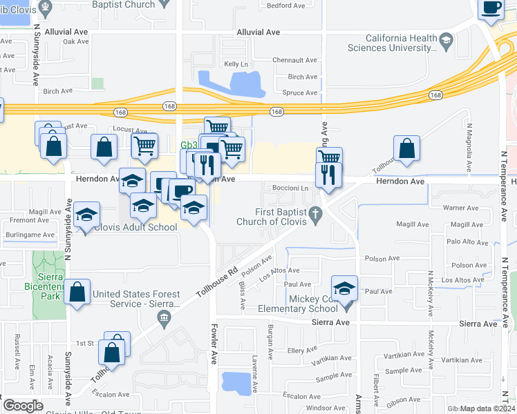 map of restaurants, bars, coffee shops, grocery stores, and more near 286 North Amedeo Lane in Clovis