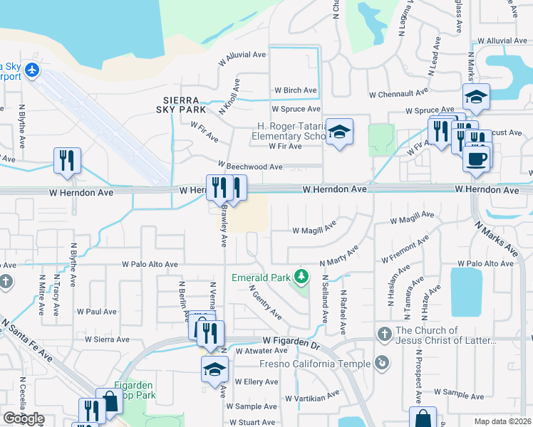 map of restaurants, bars, coffee shops, grocery stores, and more near 3732 West Palo Alto Avenue in Fresno