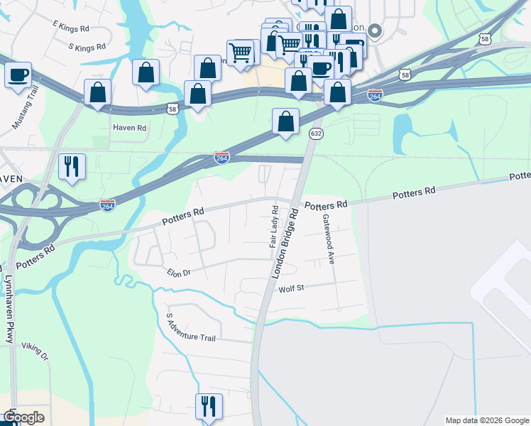 map of restaurants, bars, coffee shops, grocery stores, and more near 224 Fair Lady Road in Virginia Beach