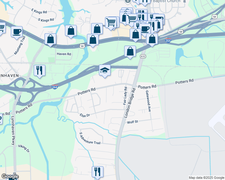 map of restaurants, bars, coffee shops, grocery stores, and more near 224 Bridge Landing Court in Virginia Beach