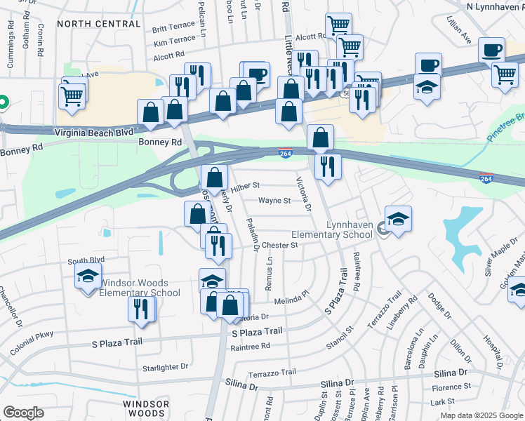 map of restaurants, bars, coffee shops, grocery stores, and more near 3557 Barry Street in Virginia Beach
