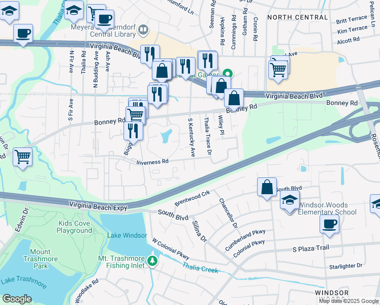 map of restaurants, bars, coffee shops, grocery stores, and more near 164 South Kentucky Avenue in Virginia Beach