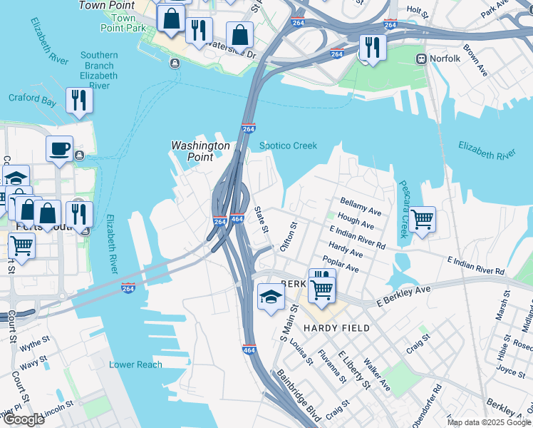 map of restaurants, bars, coffee shops, grocery stores, and more near 500 State Street in Norfolk
