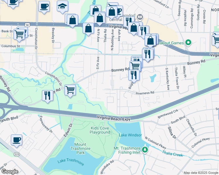 map of restaurants, bars, coffee shops, grocery stores, and more near 4204 Inverness Road in Virginia Beach