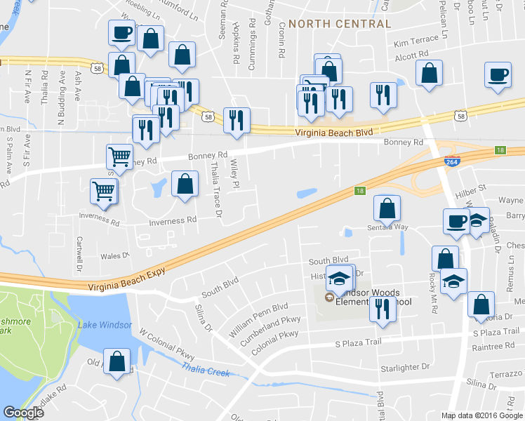 map of restaurants, bars, coffee shops, grocery stores, and more near 144 Greendale Rd in Virginia Beach