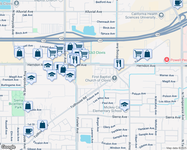 map of restaurants, bars, coffee shops, grocery stores, and more near 310 North Amedeo Lane in Clovis