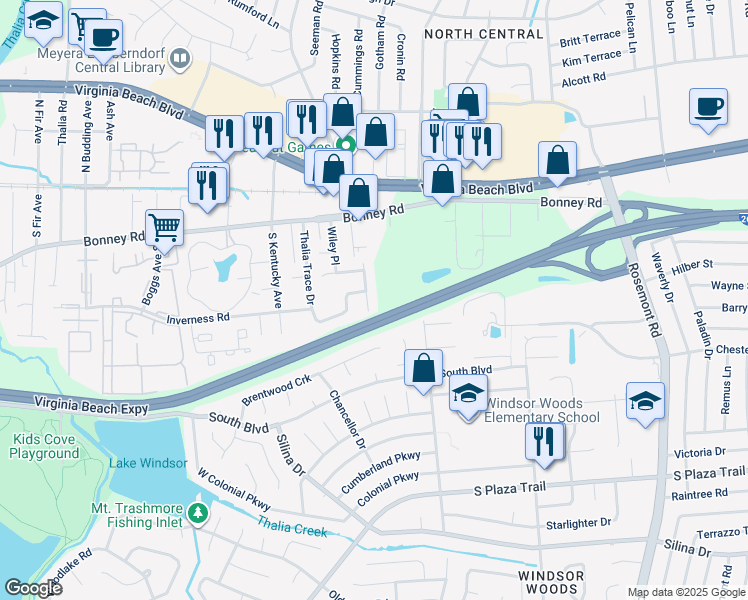 map of restaurants, bars, coffee shops, grocery stores, and more near 144 Greendale Rd in Virginia Beach