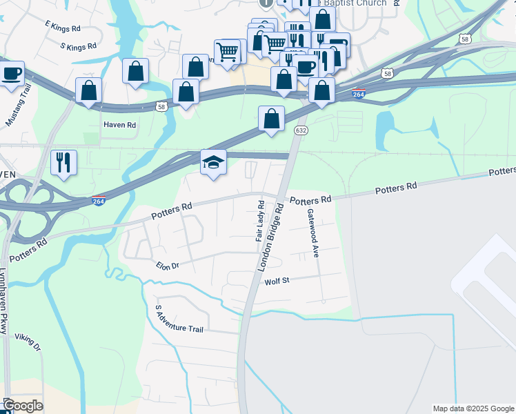 map of restaurants, bars, coffee shops, grocery stores, and more near Fair Lady Road in Virginia Beach