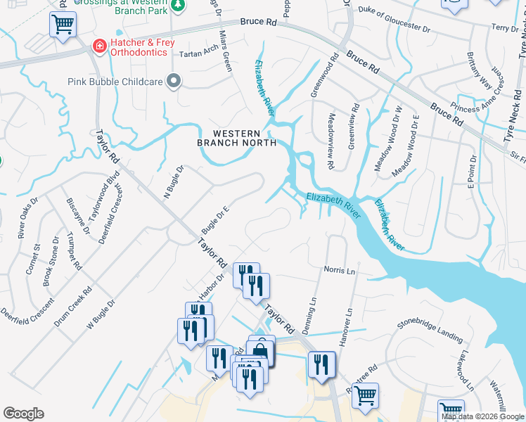 map of restaurants, bars, coffee shops, grocery stores, and more near 2656 North Elizabeth Harbor Drive in Chesapeake
