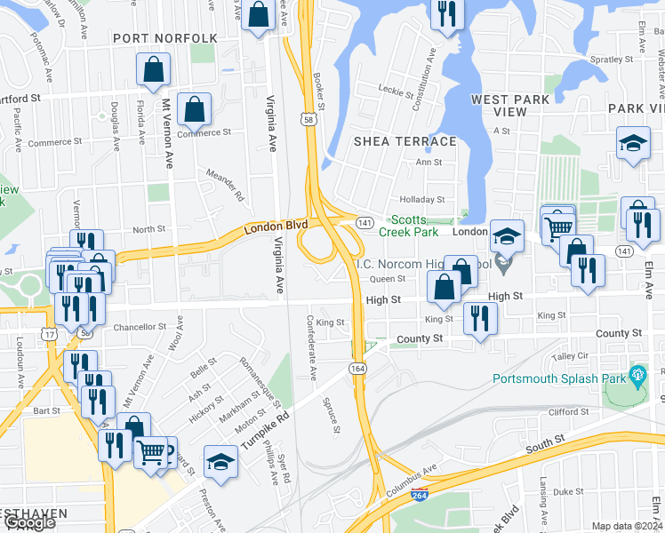 map of restaurants, bars, coffee shops, grocery stores, and more near 446 MacArthur Avenue in Portsmouth