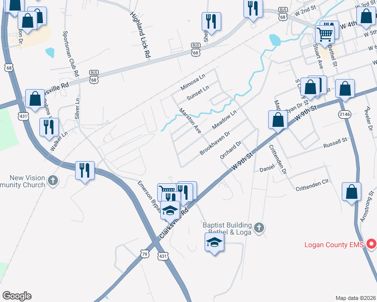 map of restaurants, bars, coffee shops, grocery stores, and more near 1000-1070 Brookhaven Drive in Russellville