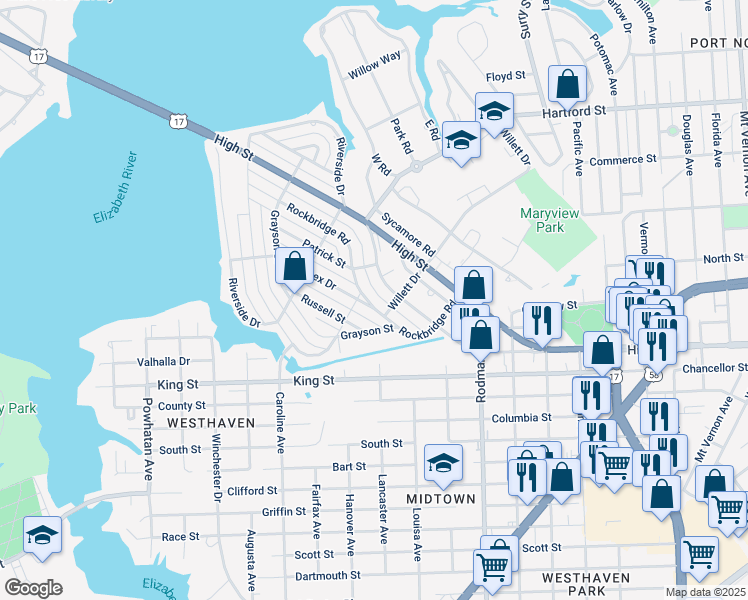 map of restaurants, bars, coffee shops, grocery stores, and more near 308 Rockbridge Road in Portsmouth