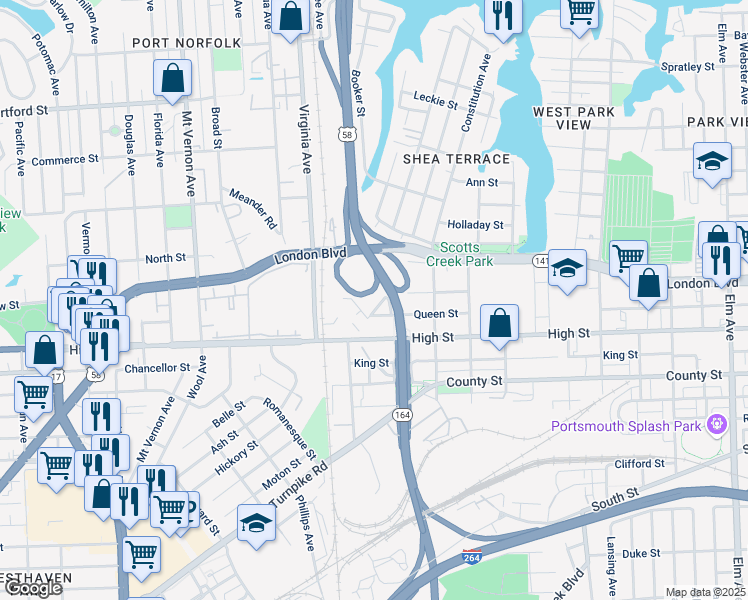 map of restaurants, bars, coffee shops, grocery stores, and more near 446 MacArthur Avenue in Portsmouth