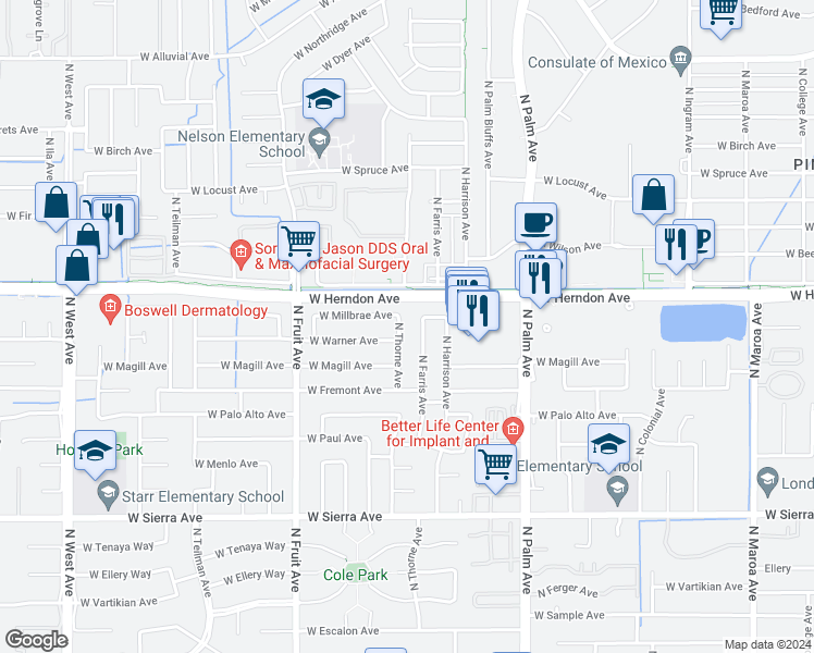 map of restaurants, bars, coffee shops, grocery stores, and more near 6736 North Thorne Avenue in Fresno