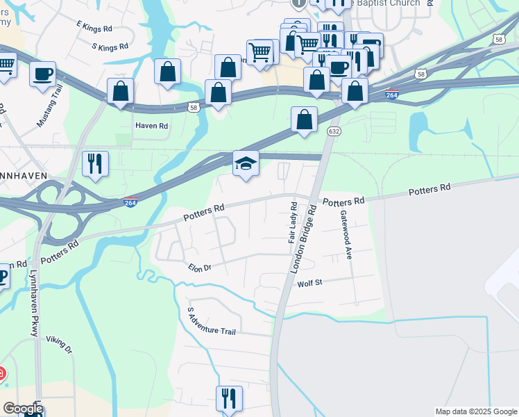 map of restaurants, bars, coffee shops, grocery stores, and more near 209 Bridge Landing Court in Virginia Beach