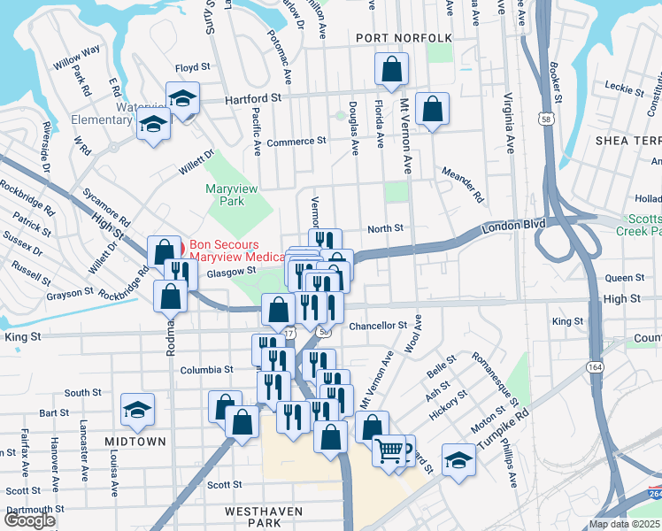map of restaurants, bars, coffee shops, grocery stores, and more near 3100-3198 London Blvd in Portsmouth