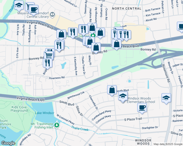map of restaurants, bars, coffee shops, grocery stores, and more near 272 Thalia Trace Drive in Virginia Beach