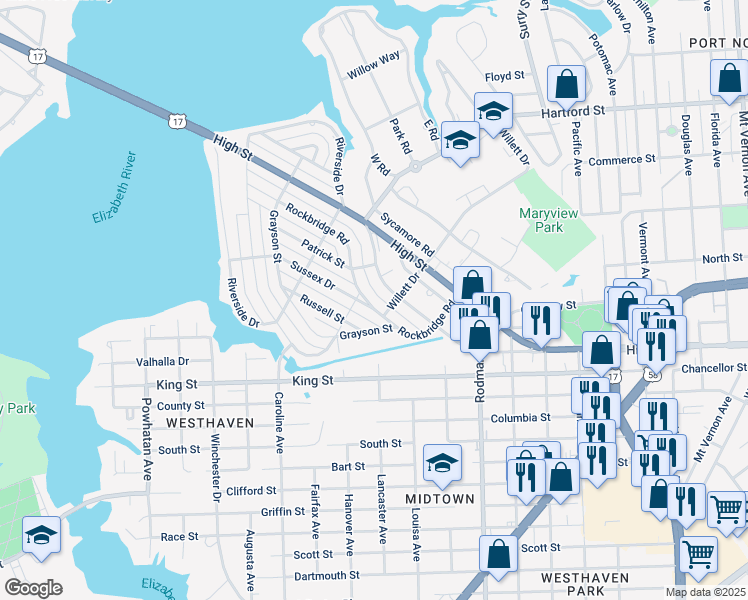 map of restaurants, bars, coffee shops, grocery stores, and more near 308 Rockbridge Road in Portsmouth