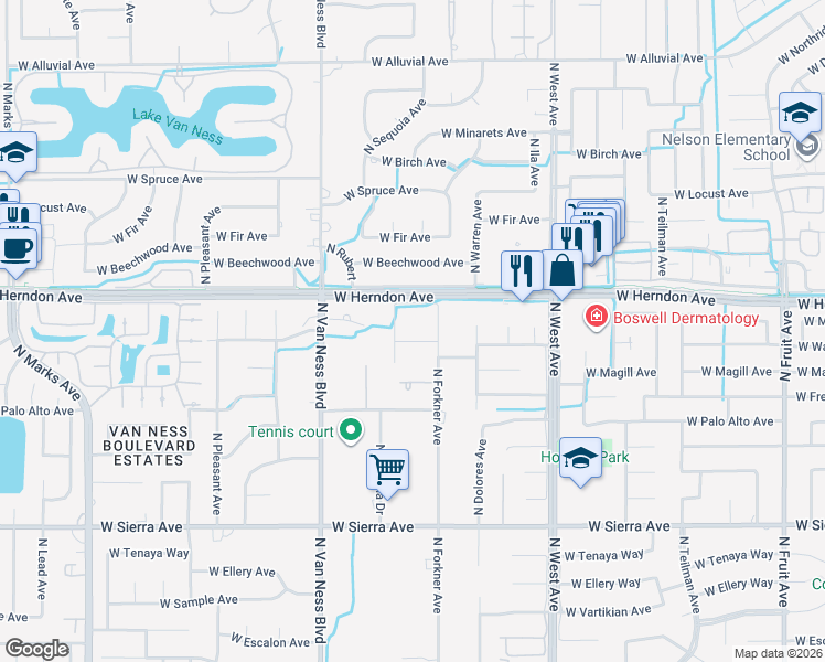 map of restaurants, bars, coffee shops, grocery stores, and more near 2243 West Magill Avenue in Fresno