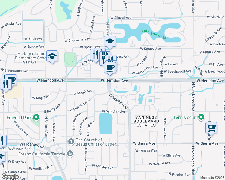 map of restaurants, bars, coffee shops, grocery stores, and more near 6685 North Benedict Avenue in Fresno