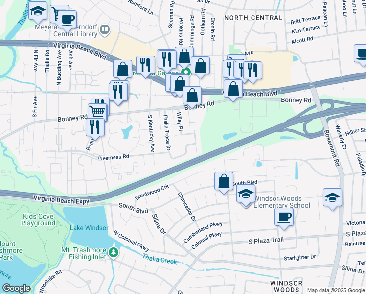 map of restaurants, bars, coffee shops, grocery stores, and more near 272 Thalia Trace Drive in Virginia Beach